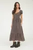 Brown Plaid Puff Sleeve Button Down Maxi Dress sold by Pinkblush