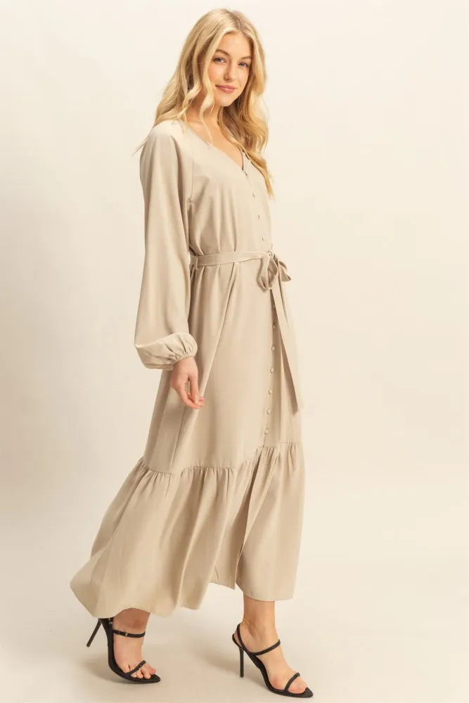 Beige Elegant Long Sleeve Waist Tie Midi Dress sold by Pinkblush product image thumbnail 2