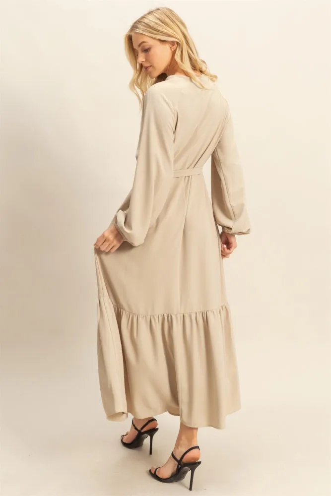 Beige Elegant Long Sleeve Waist Tie Midi Dress sold by Pinkblush product image thumbnail 3