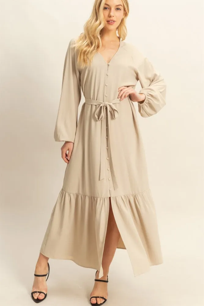 Beige Elegant Long Sleeve Waist Tie Midi Dress sold by Pinkblush