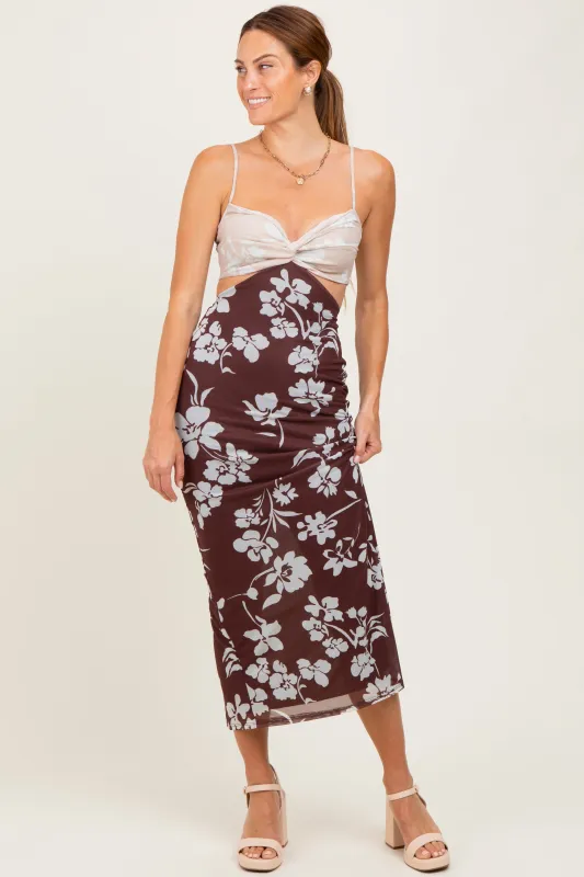 Brown Colorblock Floral Cutout Sleeveless Maxi Dress sold by Pinkblush