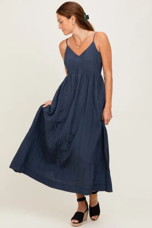 Navy Crinkle Texture V-Neck Sleeveless Dress sold by Pinkblush