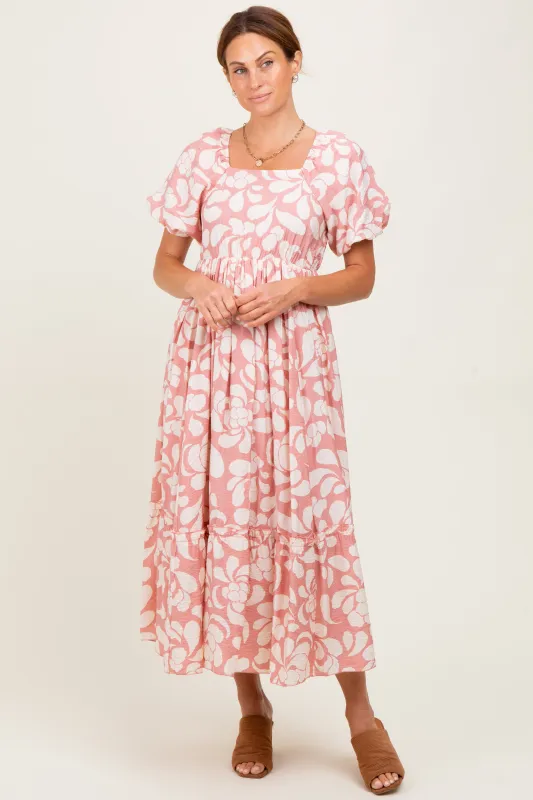 Pink Printed Square Neck Bubble Sleeve Maxi Dress sold by Pinkblush