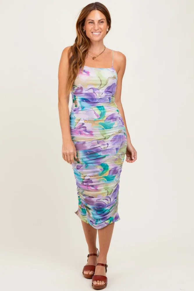 Lavender Printed Ruched Crisscross Back Midi Dress sold by Pinkblush