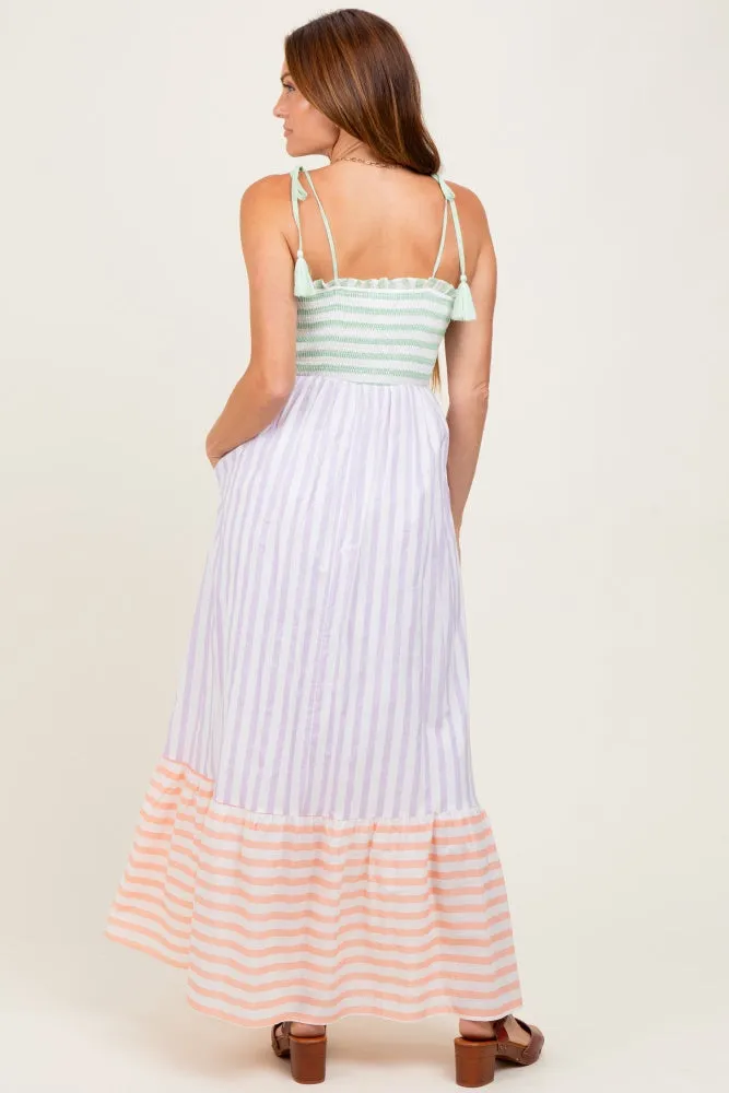 Lavender Multi-Color Striped Color Block Shoulder Tie Maxi Dress sold by Pinkblush product image thumbnail 4