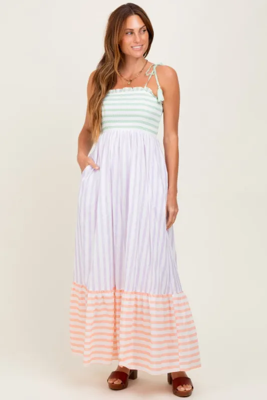 Lavender Multi-Color Striped Color Block Shoulder Tie Maxi Dress sold by Pinkblush
