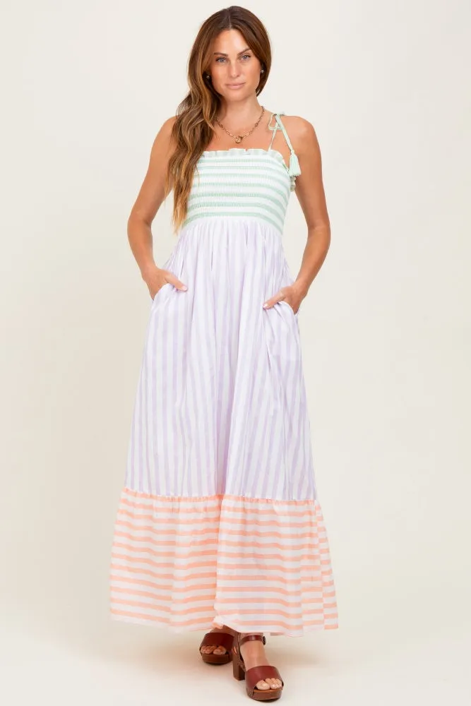 Lavender Multi-Color Striped Color Block Shoulder Tie Maxi Dress sold by Pinkblush product image thumbnail 2