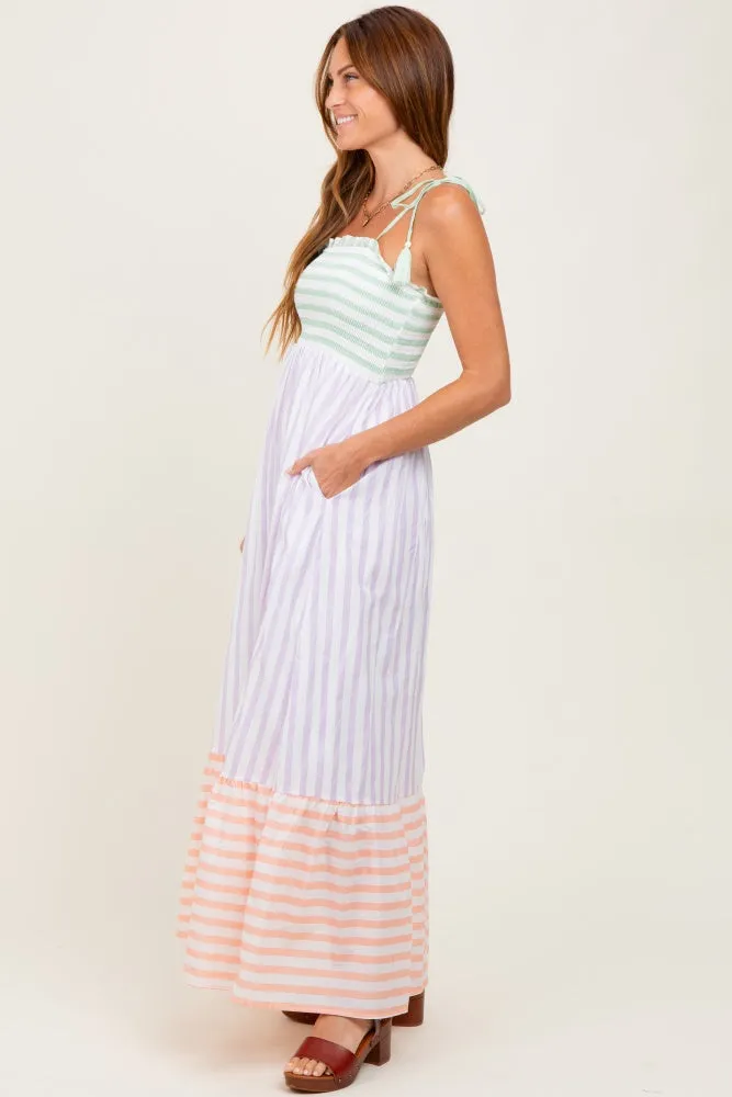 Lavender Multi-Color Striped Color Block Shoulder Tie Maxi Dress sold by Pinkblush product image thumbnail 3