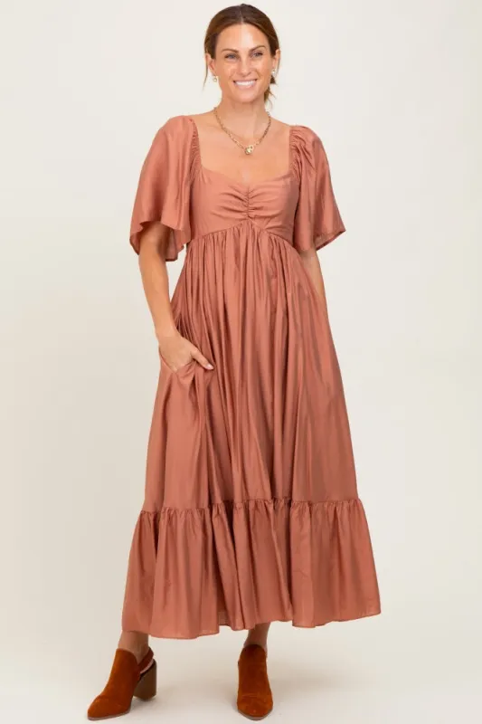 Rust Flutter Sleeve Ruffle Hem Midi Dress sold by Pinkblush
