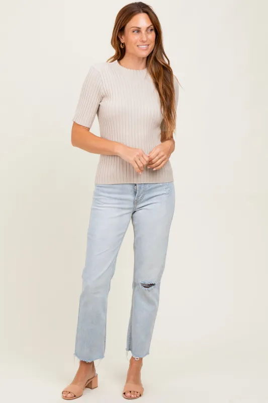 Cream Ribbed Mock Neck Knit Short Sleeve Top sold by Pinkblush
