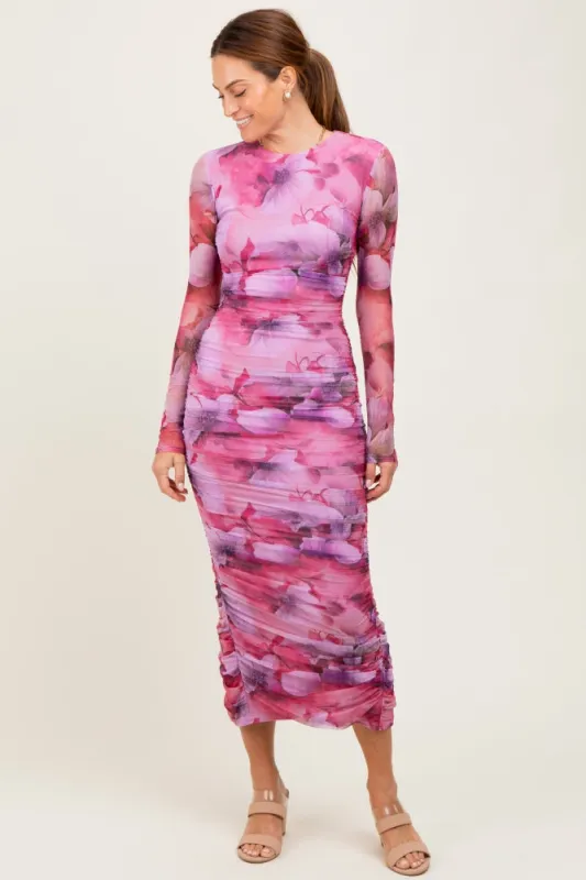 Fuchsia Floral Mesh Overlay Ruched Midi Dress sold by Pinkblush