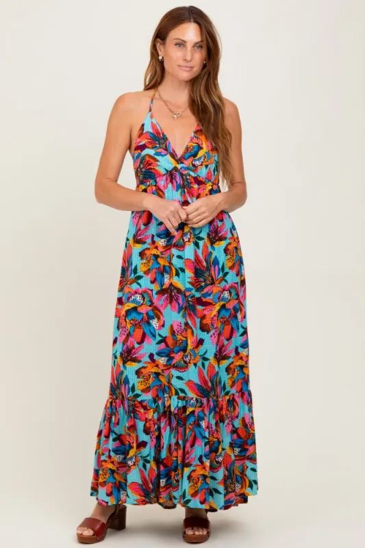 Multicolor Floral Deep V-Neck Halter Maxi Dress sold by Pinkblush