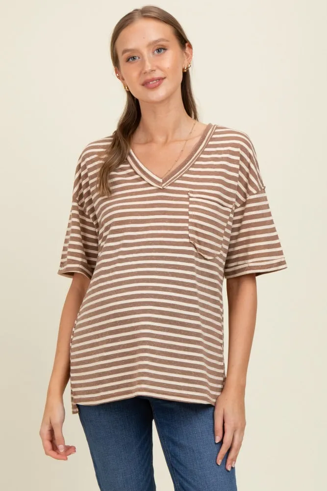 Mocha Striped Oversized V-Neck Front Pocket Maternity T-Shirt sold by Pinkblush product image thumbnail 4