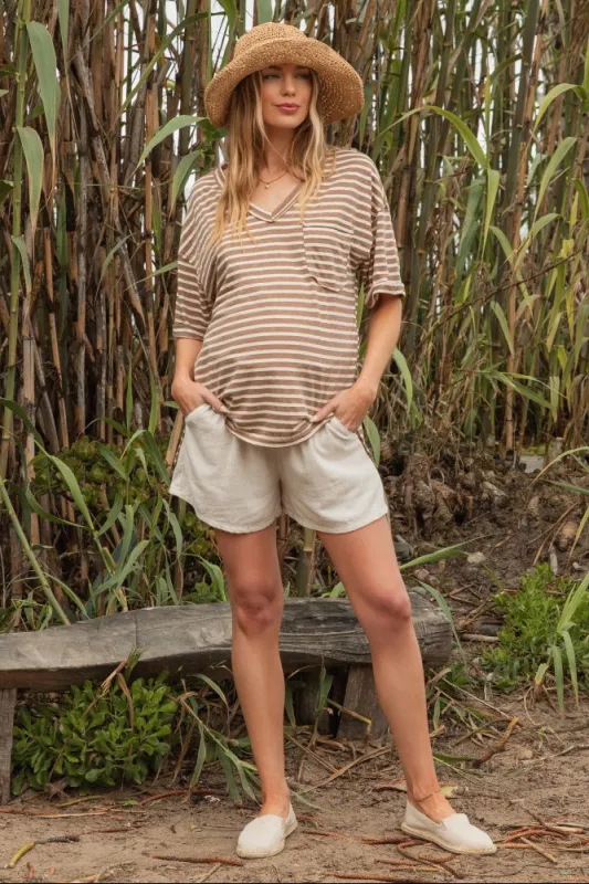 Mocha Striped Oversized V-Neck Front Pocket Maternity T-Shirt sold by Pinkblush