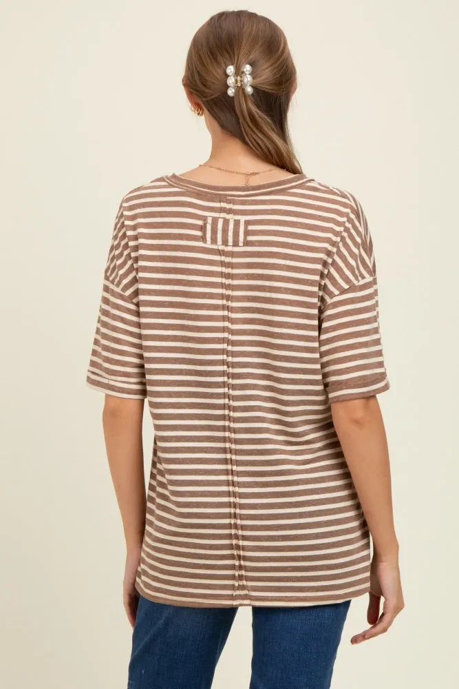 Mocha Striped Oversized V-Neck Front Pocket Maternity T-Shirt sold by Pinkblush product image thumbnail 5