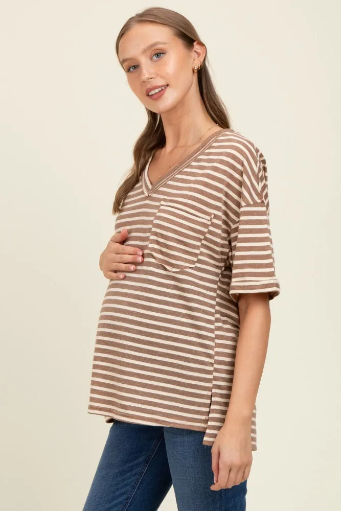 Mocha Striped Oversized V-Neck Front Pocket Maternity T-Shirt sold by Pinkblush product image thumbnail 2
