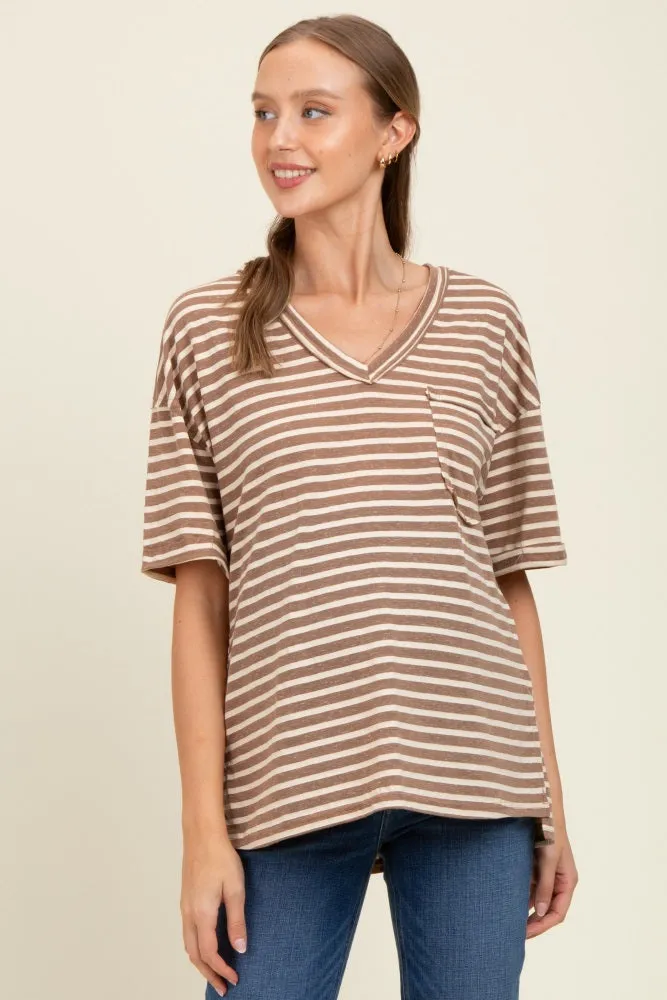 Mocha Striped Oversized V-Neck Front Pocket Maternity T-Shirt sold by Pinkblush product image thumbnail 3