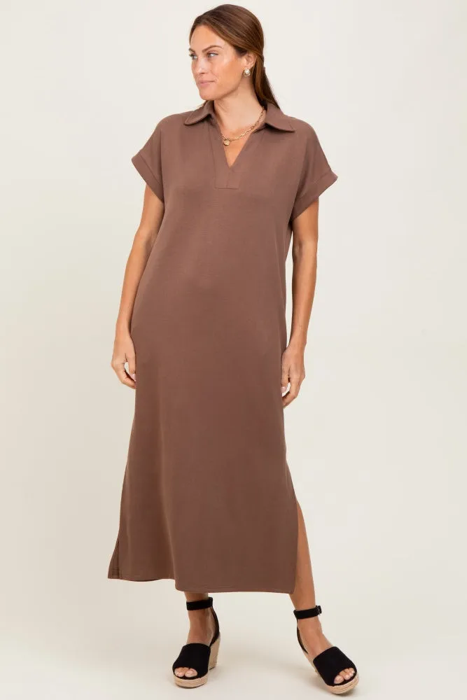 Mocha Collared Short Sleeve Midi Dress sold by Pinkblush