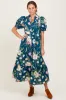 Deep Teal Floral Puff Sleeve Button Down Midi Dress sold by Pinkblush