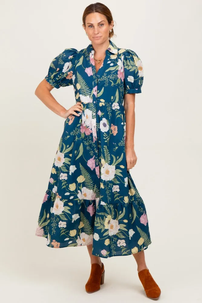 Deep Teal Floral Puff Sleeve Button Down Midi Dress sold by Pinkblush product image thumbnail 2