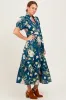 Deep Teal Floral Puff Sleeve Button Down Midi Dress sold by Pinkblush