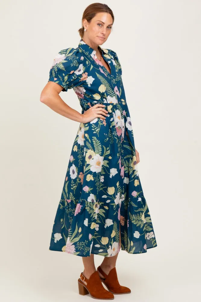 Deep Teal Floral Puff Sleeve Button Down Midi Dress sold by Pinkblush product image thumbnail 3