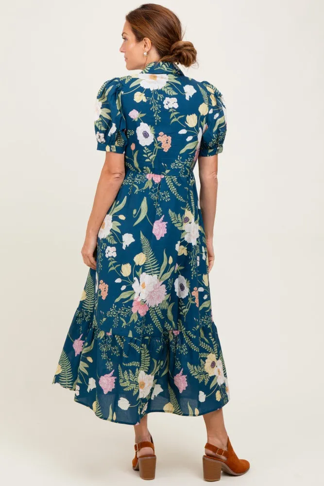Deep Teal Floral Puff Sleeve Button Down Midi Dress sold by Pinkblush product image thumbnail 4