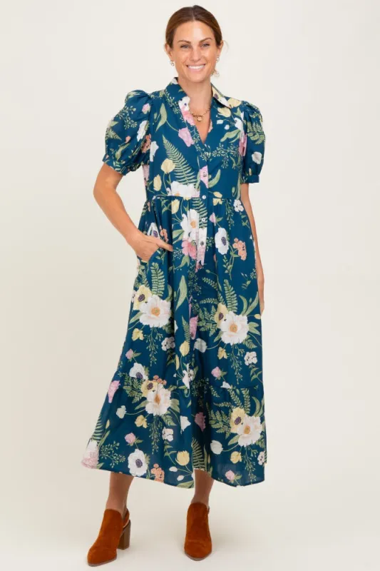 Deep Teal Floral Puff Sleeve Button Down Midi Dress sold by Pinkblush