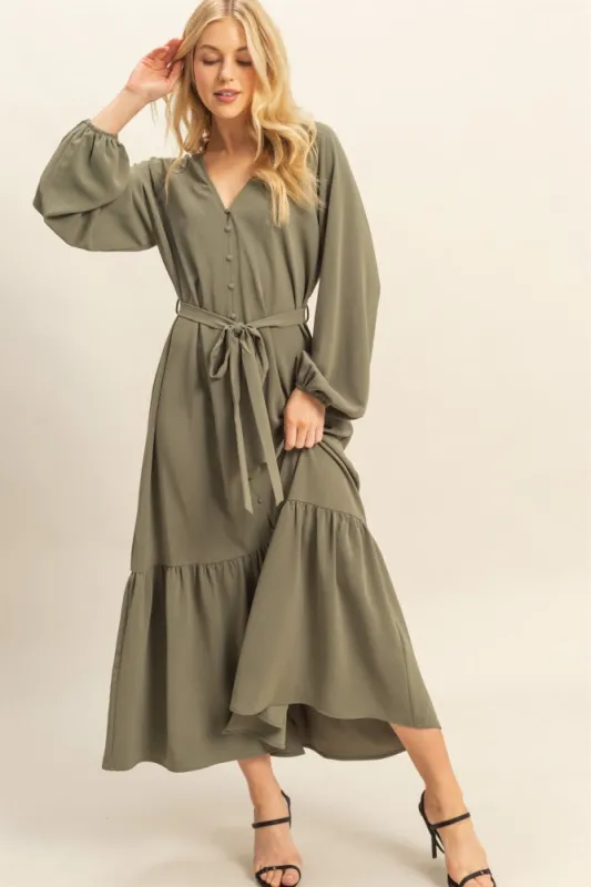 Olive Elegant Long Sleeve Waist Tie Midi Dress sold by Pinkblush