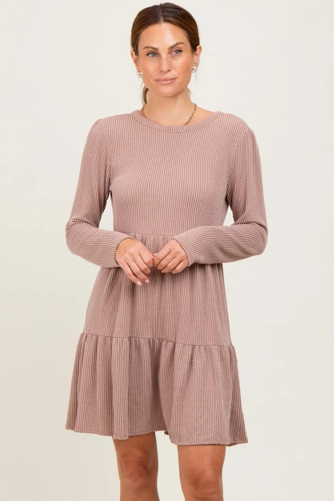 Taupe Textured Rib Tiered Long Sleeve Dress sold by Pinkblush product image thumbnail 2