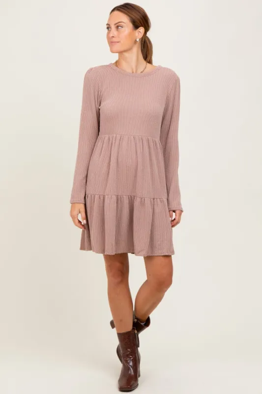 Taupe Textured Rib Tiered Long Sleeve Dress sold by Pinkblush