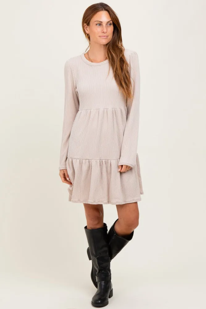 Beige Textured Rib Tiered Long Sleeve Dress sold by Pinkblush product image thumbnail 2