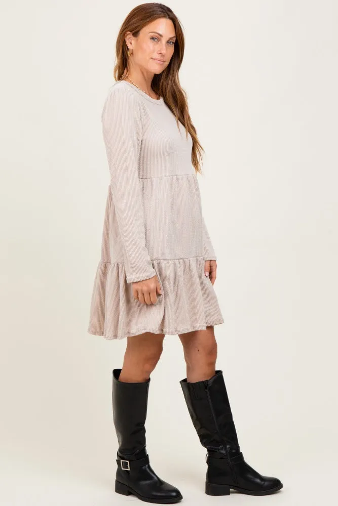 Beige Textured Rib Tiered Long Sleeve Dress sold by Pinkblush product image thumbnail 3