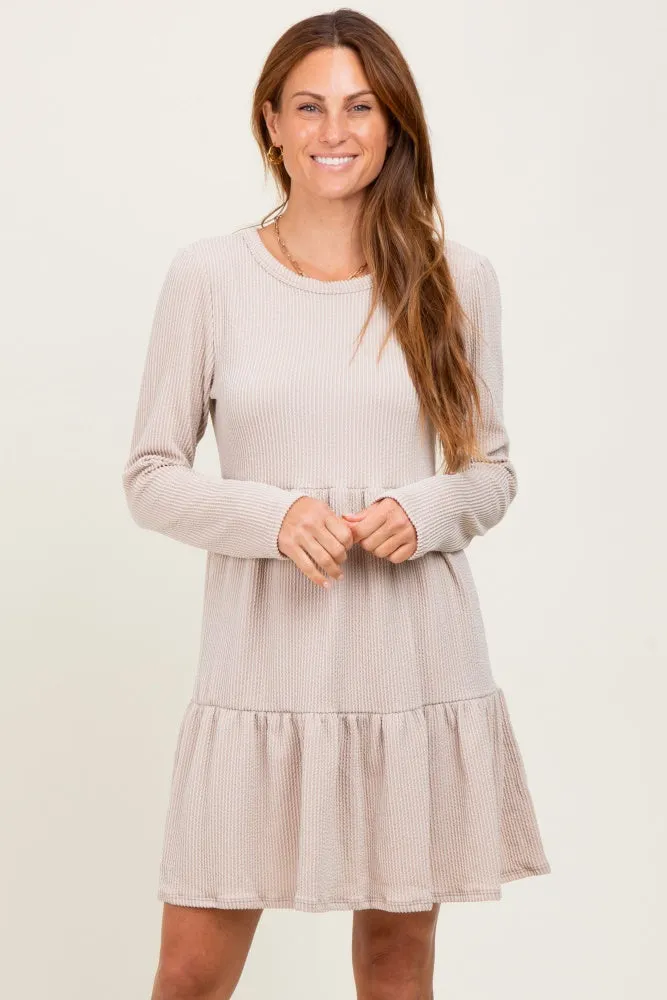 Beige Textured Rib Tiered Long Sleeve Dress sold by Pinkblush