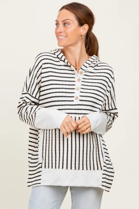 Cream Textured Stripe Button Up Hoodie sold by Pinkblush