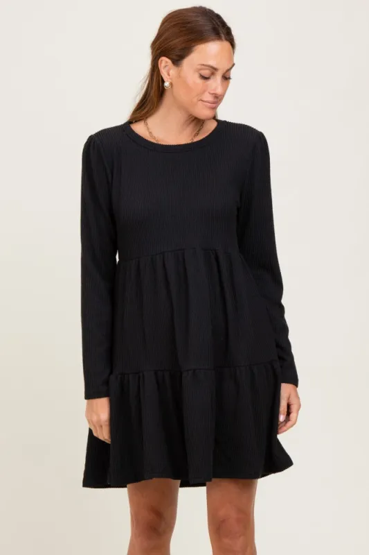 Black Textured Rib Tiered Long Sleeve Dress sold by Pinkblush