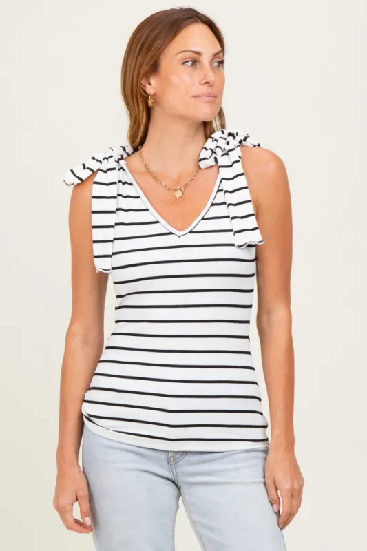 Ivory/Black Striped Ribbed V-Neck Shoulder Tie Sleeveless Top sold by Pinkblush