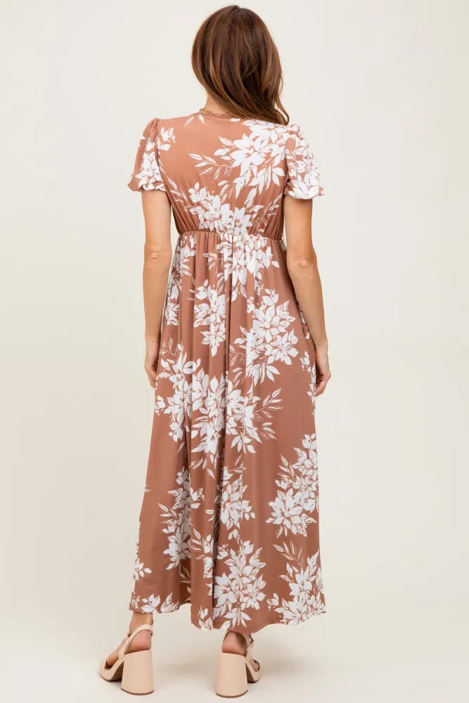 Mocha Floral Print Short Sleeve V-Neck Maxi Dress sold by Pinkblush product image thumbnail 4