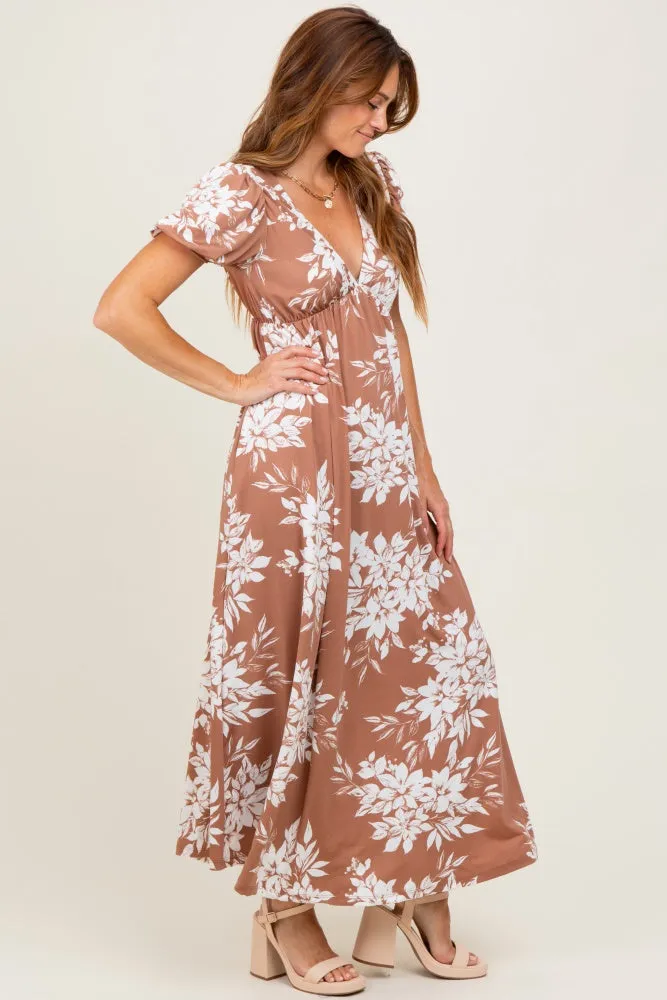 Mocha Floral Print Short Sleeve V-Neck Maxi Dress sold by Pinkblush product image thumbnail 3