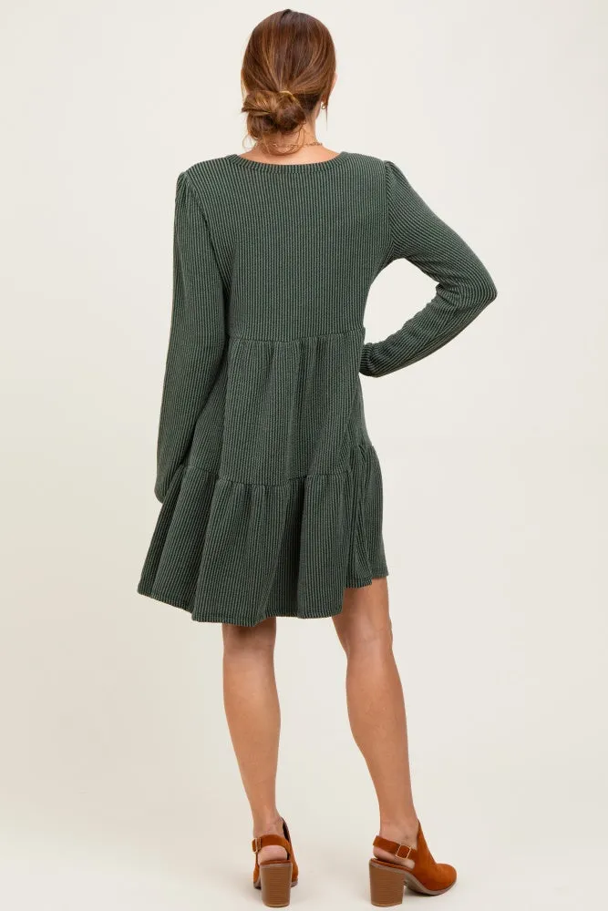 Olive Textured Rib Tiered Long Sleeve Dress sold by Pinkblush product image thumbnail 4