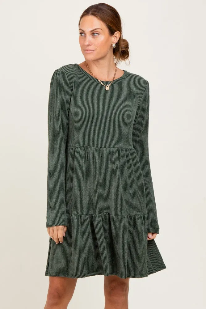 Olive Textured Rib Tiered Long Sleeve Dress sold by Pinkblush