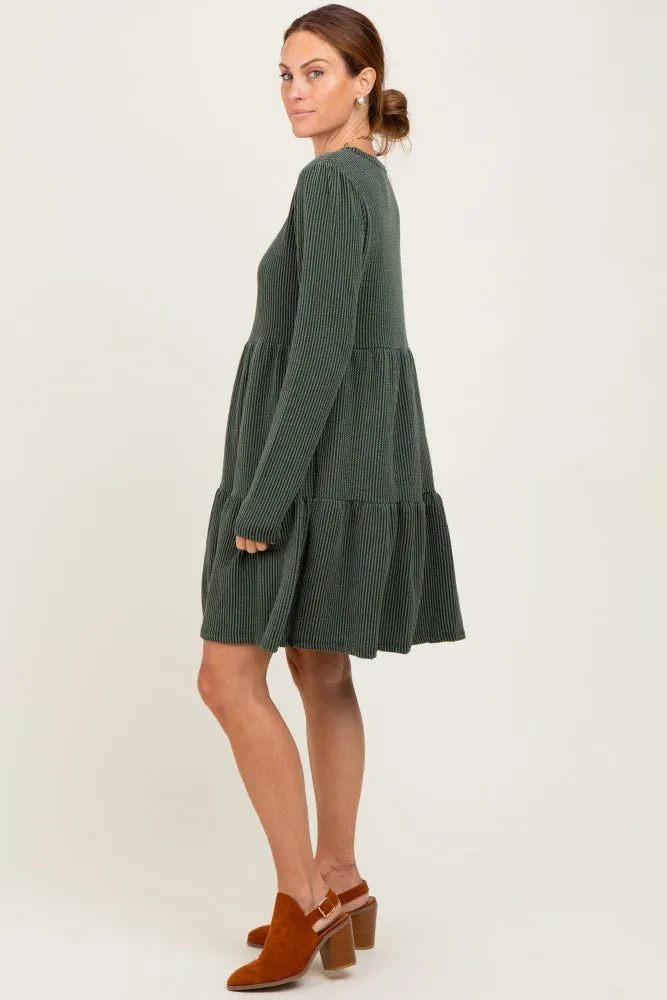 Olive Textured Rib Tiered Long Sleeve Dress sold by Pinkblush product image thumbnail 3