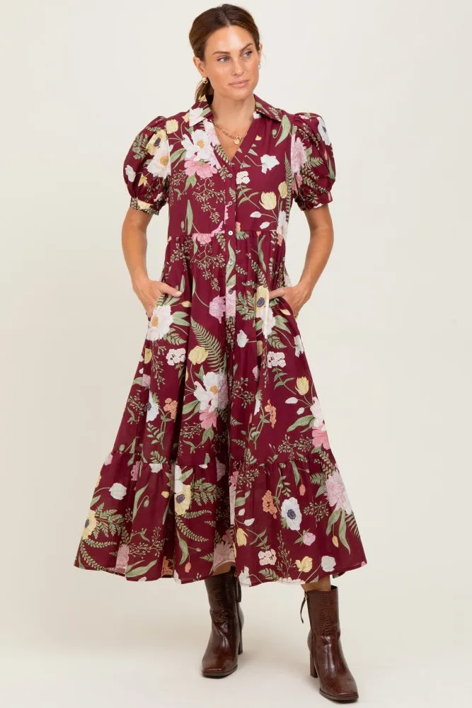 Burgundy Floral Puff Sleeve Button Down Midi Dress sold by Pinkblush product image thumbnail 2