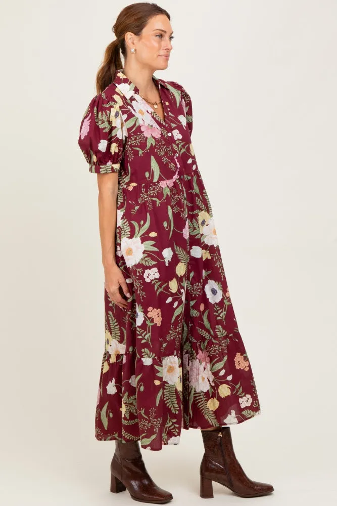 Burgundy Floral Puff Sleeve Button Down Midi Dress sold by Pinkblush product image thumbnail 3