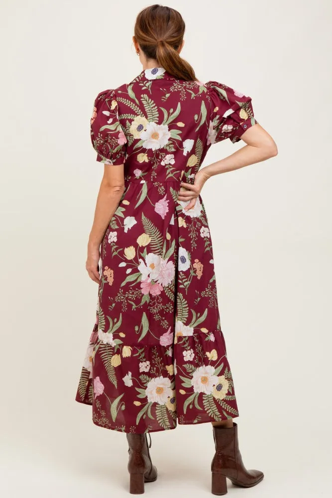 Burgundy Floral Puff Sleeve Button Down Midi Dress sold by Pinkblush product image thumbnail 4
