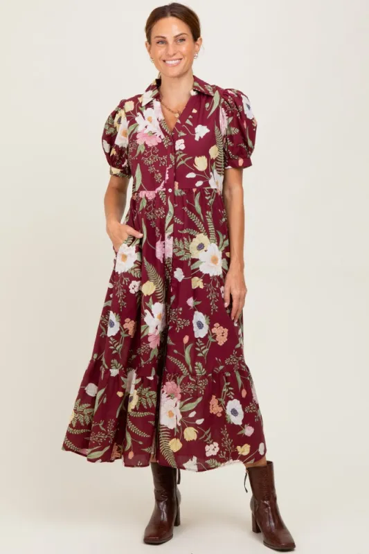 Burgundy Floral Puff Sleeve Button Down Midi Dress sold by Pinkblush