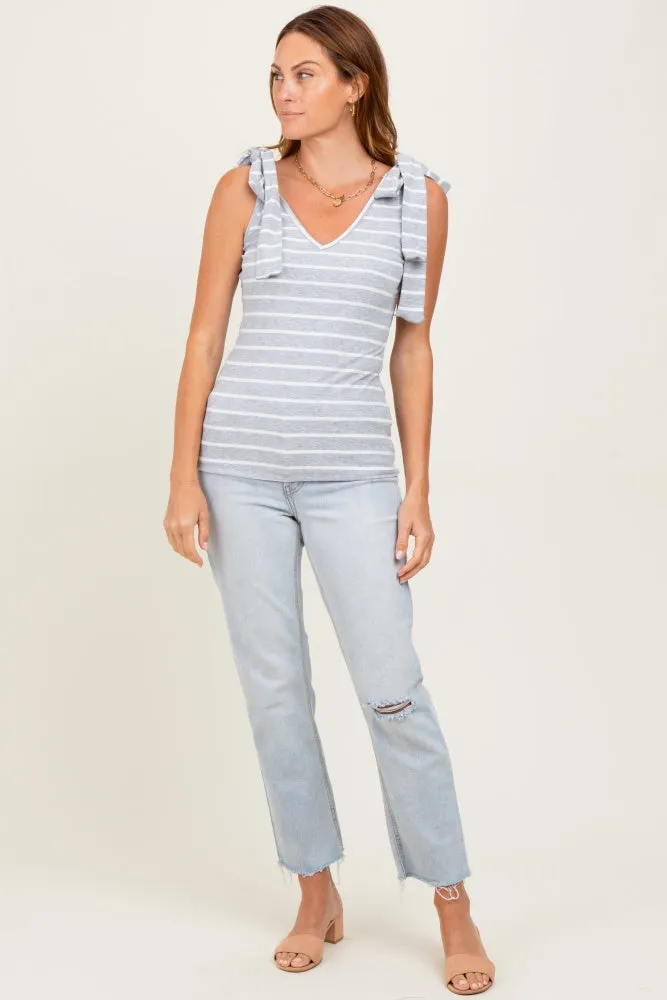 Heather Grey/Off White Striped Ribbed V-Neck Shoulder Tie Sleeveless Top sold by Pinkblush product image thumbnail 2