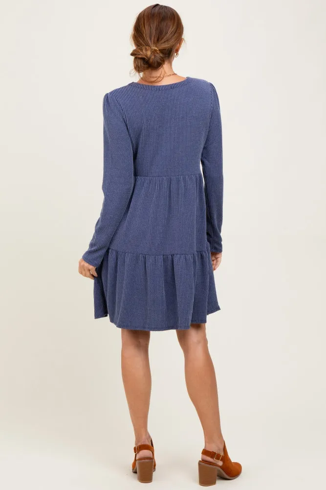 Navy Textured Rib Tiered Long Sleeve Dress sold by Pinkblush product image thumbnail 4