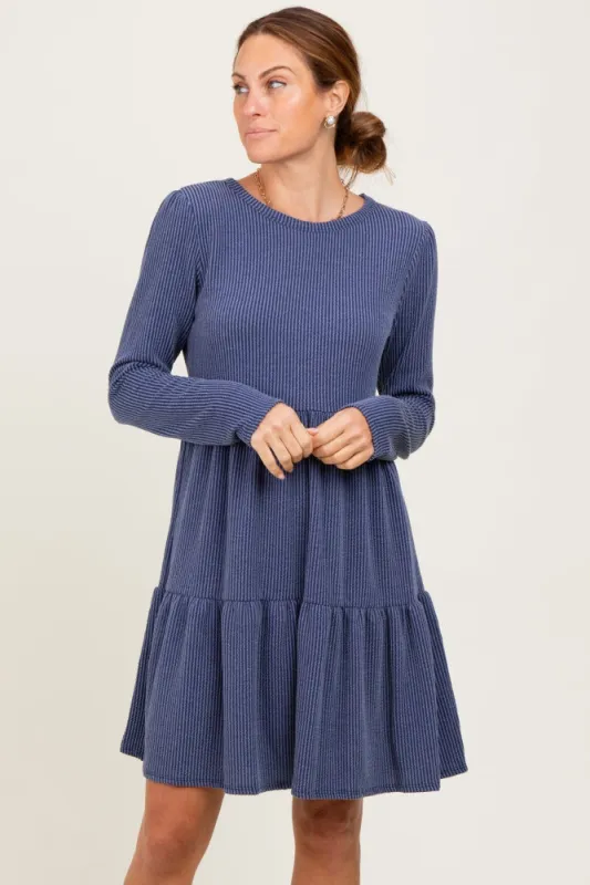 Navy Textured Rib Tiered Long Sleeve Dress sold by Pinkblush