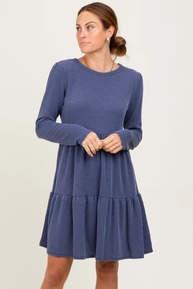 Navy Textured Rib Tiered Long Sleeve Dress sold by Pinkblush